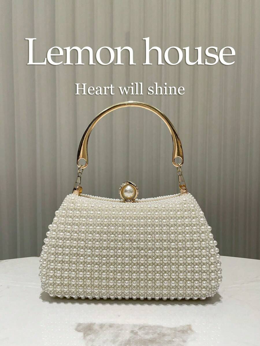 1pc Cream White Heavy Beaded Evening Bag, Vintage Elegant Box Clutch With Metal Chain Strap, Fashionable Elegant Wedding Bridal Bag, Retro Cheongsam Handbag, Suitable For Formal Evening Banquet Party Wedding Ball Gathering Music Festival Women, Perfect Gift For Women - Beige - View 1