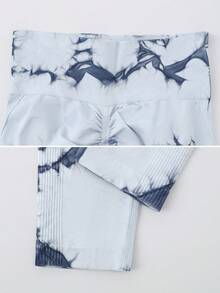 Leggings de sport pour femmes à taille haute avec contrôle du ventre, effet tie-dye, taille côtelée, gainant, élastiques et séchage rapide, pantalon de cyclisme - Bleu ciel - Voir 3