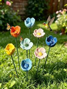 1/3/6pcs Mixed Color Flower & Bee Shaped Water Station, Bee Insect Water Cup With 22cm Ground Stake, Outdoor Garden Balcony Flower Pot Bee Feeder, Creative Garden Decor, Practical Gardening Tool - Multicolor - View 5