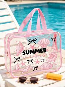 「Summer」字母印花 PVC 防水海灘包（附貝殼與海星）| 透明 PVC 托特包 | 洗漱包 | 化妝包 | 手提包 | 旅行必需品 | 適合夏季海灘度假與休閒假期 | 便攜式旅行化妝包 | 收納包 | 適合度假、浴室、海灘、游泳和旅行場景 | 生日禮物、節日禮物、派對禮物、開學季和節日必需品 - 彩色 - 查看 2