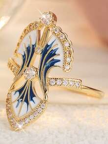 Blue Enamel Plant Leaf Design Women's Ring With Sparkling Synthetic Cubic Zirconia, Fresh Style Party & Daily Fashion Accessory, Versatile Jewelry - Multicolor - View 12