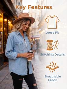 Women's Oversized Denim Shirt, Long & Short Sleeve Classic Pocket Jean Blouse, Casual Back To School Camisas De Mujer Elegantes - Light Blue - View 2