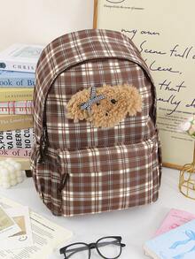 1 PC Brown Plaid Khaki Plush Travel Backpack Back To School High-End Feeling Popularized Backpack,Multifunctional And Large Capacity - Khaki - View 3