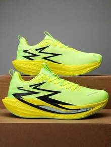 Zapatillas de running para hombre, zapatillas deportivas para hombre con placa de carbono, suela acolchada, suela gruesa y aumento de altura, zapatillas casuales para parejas adecuadas para deportes al aire libre, running de maratón, entrenamiento en el gimnasio, fitness casual, todas las estaciones - Amarillo fluorescente - Ver 3