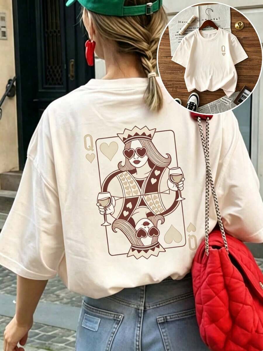 1 Piece Women's Short-Sleeved, Round-Neck T-Shirt, Loose Fit For Summer, With A "Queen Of Hearts" Themed Print In Wine Red, Suitable For The Office, Going Out, And Everyday Wear. - 杏色 - 查看 1