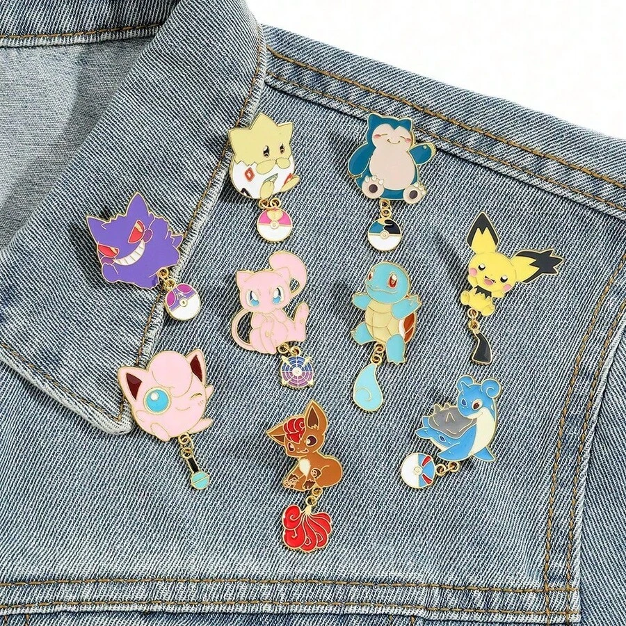 pokemon 寶可夢 1/9 件組卡通精靈胸針套裝 可愛胖丁 皮丘 琺瑯別針 背包衣物飾品金屬徽章配件禮物 - 均碼 - 查看 1