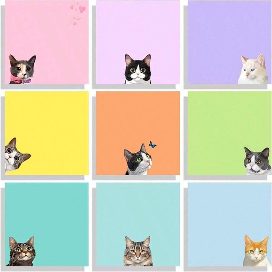 1/4/8 Sets Notas Adhesivas con Forma de Gato Negro Lindo, Adecuadas para Escritorio de Oficina, Bloc de Notas Autoadhesivos, Cuadernos Cuadrados con Patrones de Gato, Adecuados para Útiles Escolares, Regalos para Amantes de los Gatos, Regalos para Maestros, Decoración de Tablero de Anuncios con Tema de Gatos - Unitalla - Ver 1