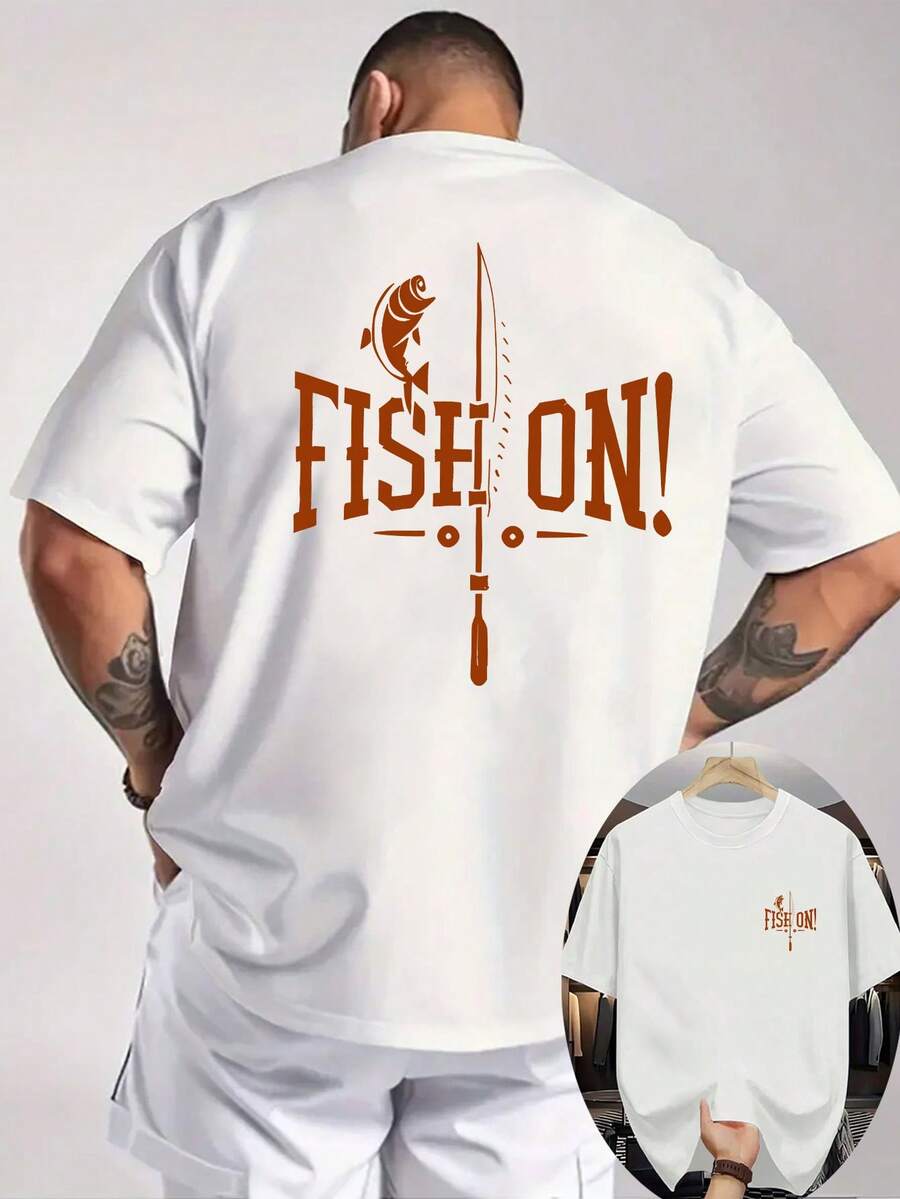 Camiseta estampada casual de verano para hombre, talla, cuello redondo acanalado, manga corta. Hecho de tela de punto, fresco y cómodo. La parte delantera y trasera están impresas - Blanco - Ver 1