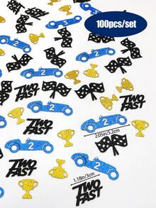 100 piezas Confeti de mesa para fiesta de 2º cumpleaños Two Fast Racing, número 2 rojo, coche de carreras, bandera a cuadros y trofeo, decoración dispersa adecuada para la decoración de la fiesta Two Fast Racing para niños - Azul Negro - Ver 4