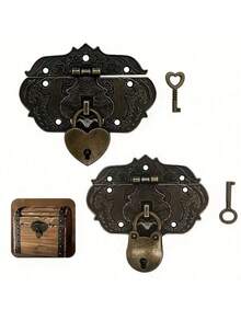 1set Antique Bronze Hasp Latch Lock Set With Heart-Shaped Padlock And Key For Wooden Box, Decorative Vintage Iron Hardware Accessory - Multicolor - View 6