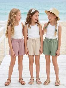 Girls' Ruffle Waist Bow Solid Bubble Plaid Casual Summer Shorts, Children's Versatile Casual Shorts For Summer, Machine Washable - Pink - View 2