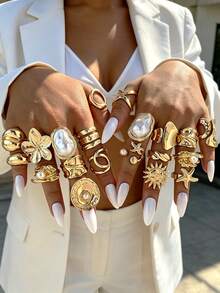 20/6pcs Multi-Piece Stackable Fashion Minimalist Elegant Exquisite Vintage Design Geometric Ribbon Faux Pearl Starfish Shell Sunflower Round Hollow Design Cross Twist Braided Multi-Layer Irregular Pleated Textured Polished Minimalist Plain Band Exaggerated Wide Chunky Ring Set, Holiday Vacation Party Date Gift Daily Commute Wear - Yellow Gold - View 1