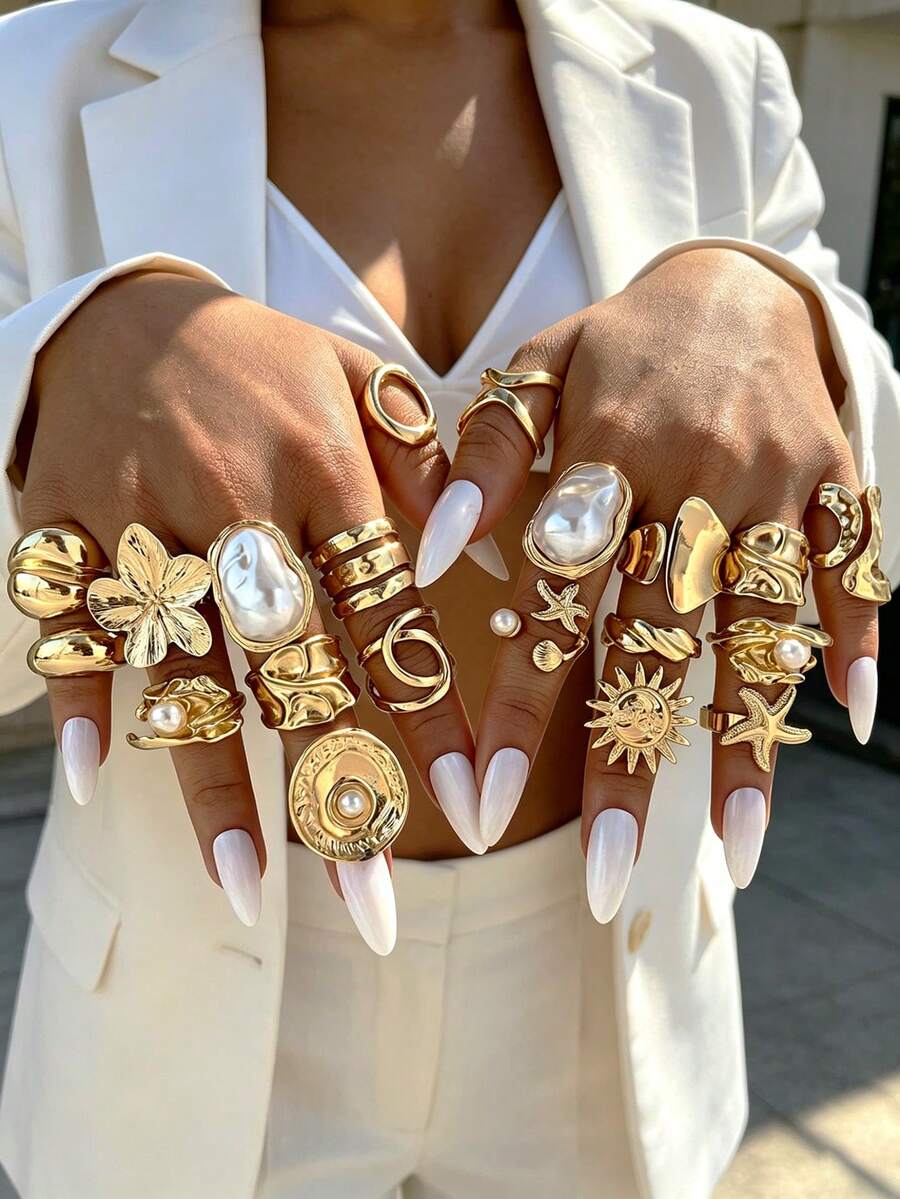 20/6pcs Multi-Piece Stackable Fashion Minimalist Elegant Exquisite Vintage Design Geometric Ribbon Faux Pearl Starfish Shell Sunflower Round Hollow Design Cross Twist Braided Multi-Layer Irregular Pleated Textured Polished Minimalist Plain Band Exaggerated Wide Chunky Ring Set, Holiday Vacation Party Date Gift Daily Commute Wear - Yellow Gold - View 1