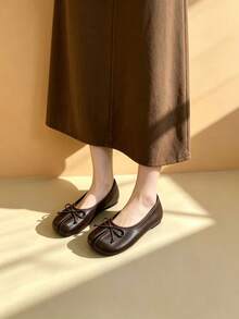 女士咖啡色蝴蝶结圆头平底拖鞋 - 休闲风格，适合办公室、户外活动和春夏穿着 - 咖啡色[蝴蝶結] - 查看 6