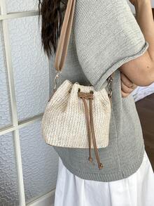 Fashionable New Style Shoulder Crossbody Handbag Tote Bag Work Commuter Bag Textured Drawstring Bucket Bag Minimalist Fashion Shoulder Bag - Beige - View 7