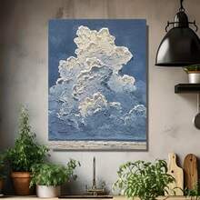 Arte de pared 2D plano, 1 pieza, abstracto pintado a mano de cielo y nubes esponjosas - Pintura de pinceladas texturizadas en crema, moderna y minimalista, adecuada para sala de estar, dormitorio, decoración - Pintura de nubes relajante para habitación, idea de regalo única - Enmarcado - Ver 4