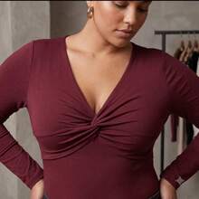 Wrap Bodysuit With Front Detail, Deep Neckline, Long Sleeves - Maroon - View 2