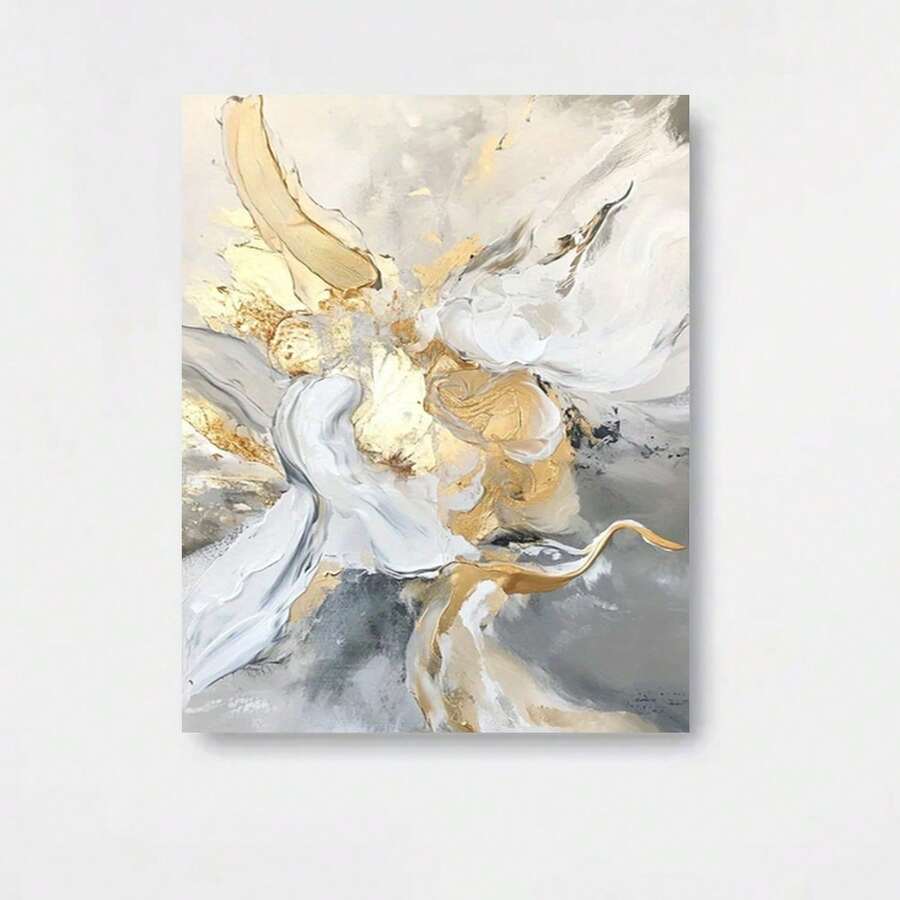 Lienzo 2D plano, 1 pieza pintado a mano - Arte floral dorado abstracto en blanco y - Decoración de pared moderna para sala de estar, dormitorio u oficina - Estilo elegante y lujoso, ideal para hogares contemporáneos - Parte trasera autoadhesiva, listo para colgar - Exquisito regalo de decoración del - Enmarcado - Ver 1