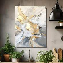 Lienzo 2D plano, 1 pieza pintado a mano - Arte floral dorado abstracto en blanco y - Decoración de pared moderna para sala de estar, dormitorio u oficina - Estilo elegante y lujoso, ideal para hogares contemporáneos - Parte trasera autoadhesiva, listo para colgar - Exquisito regalo de decoración del - Enmarcado - Ver 4