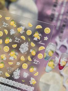 5D Fruit Lemon Embossed Nail Art Stickers, Transparent Yellow Lemon Slices With White Lace Floral & Letter Self-Adhesive Patches, Clear Matte Thin Style, Fresh Sweet Country Minimalist DIY Nail Decor, Salon Daily Wear Nail Accessories, 1 Sheet - Multicolor - View 4