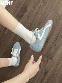 NZNF Giày thể thao đế bằng kiểu Đức cao cấp cho nữ, giày sneaker đa năng mới cho mùa thu phối hợp với váy - Màu xanh nhạt - Xem 7