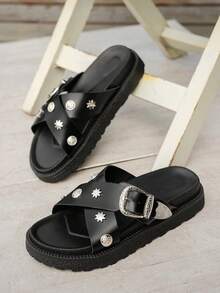 Sepatu Wanita Modis Warna Polos dengan Potongan Lebar, Sandal Gaya Punk dengan Gesper Paku Keling Logam, Sandal Selop Platform dengan Tali Silang Paku Keling Logam, Sandal Kasual Musim Panas - Hitam - View 5