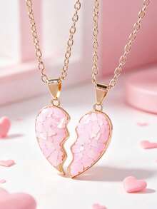 2piezas/Set Collar con Colgante de Corazón Empalmado para Mejores Amigos, Collar con Colgante de Amistad Eterna para la Escuela, Accesorios de Joyería para Fiestas de BFFs&Parejas, Regalo - Unitalla - Ver 2