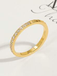 1 pieza Anillo de acero de titanio con remaches geométricos minimalistas personalizados, diseño inclinado, incrustado de diamantes de imitación, color dorado, adecuado para uso diario de mujeres y regalos de vacaciones - Dorado - Ver 7