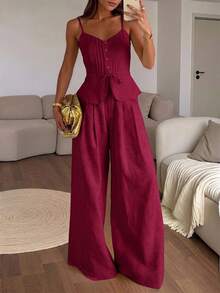 Conjunto casual de 2 piezas para mujer con camisola de un solo pecho con cinturón y pantalones de pierna ancha de unicolor - Burdeos - Ver 1