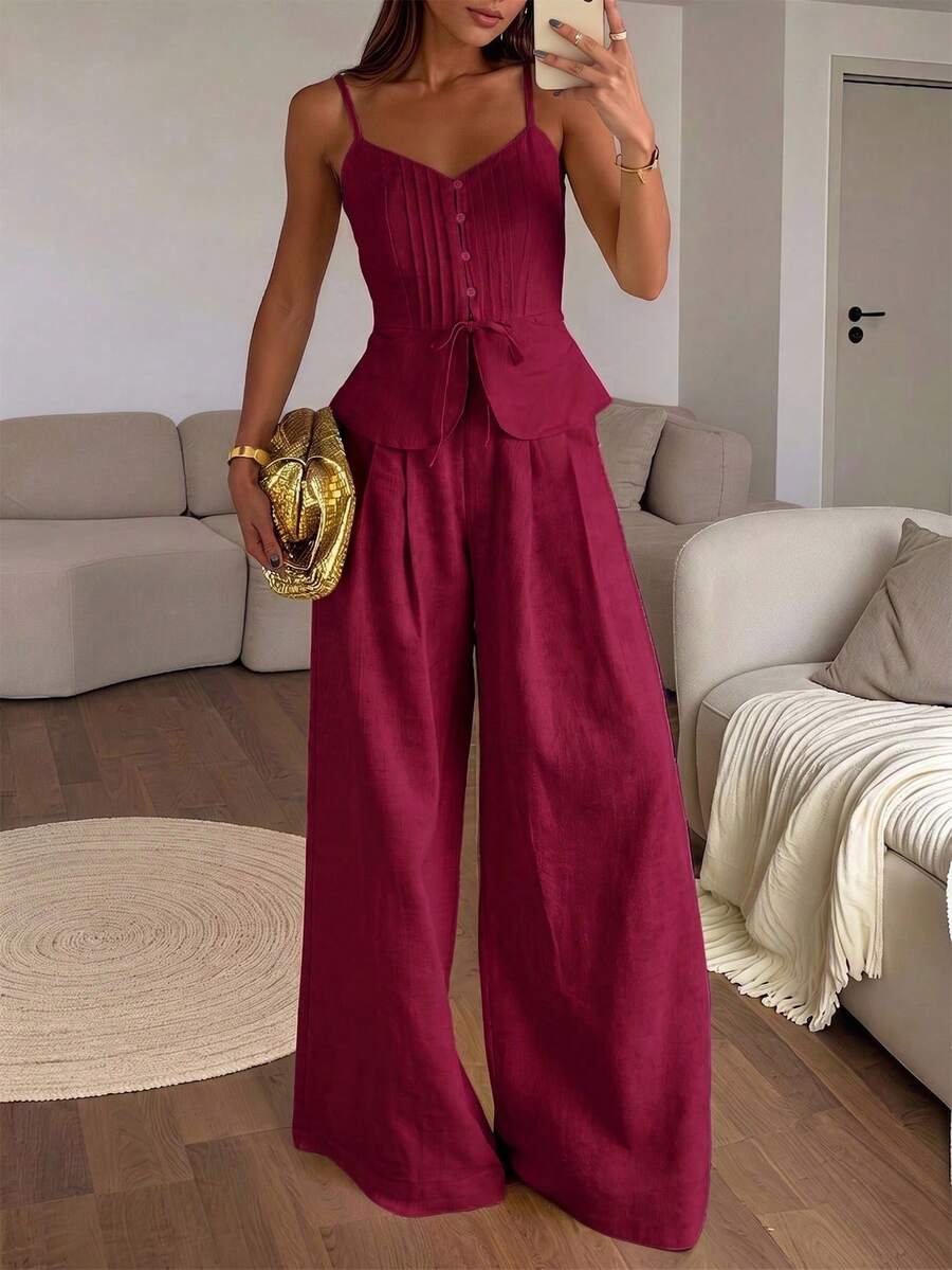 Conjunto casual de 2 piezas para mujer con camisola de un solo pecho con cinturón y pantalones de pierna ancha de unicolor - Burdeos - Ver 1