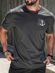 Men's Short-Sleeved T-Shirt With A Round Neck And Simple Design - 深灰色 - 查看 1