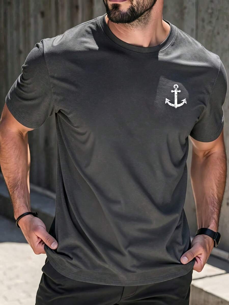 Men's Short-Sleeved T-Shirt With A Round Neck And Simple Design - 深灰色 - 查看 1