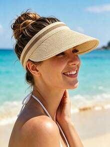 1pc Women's Straw Beach Sun Hat, Lightweight & Breathable, Suitable For Summer, Wide Brim Hat, For Beach Vacation, No Top Hat - Multicolor - View 10