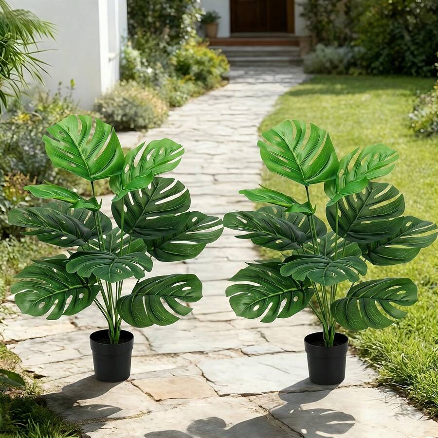2pcs/Set 24-Inch Premium Artificial Bamboo - Outdoor Faux Green Plant, Realistic Green Leaves | Suitable For Indoor And Outdoor Multi-Scene Placement, Applicable To Office, Balcony, Wedding, Party, Yard. - Tropical Style Green Premium Feel - View 1