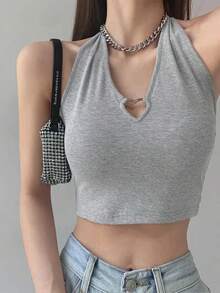 Camisola con cuello en V y corazón ahuecada para mujer, camisetas sin mangas con cuello Halter, camisola recortada ajustada con cordones a la moda de verano - Gris - Ver 9