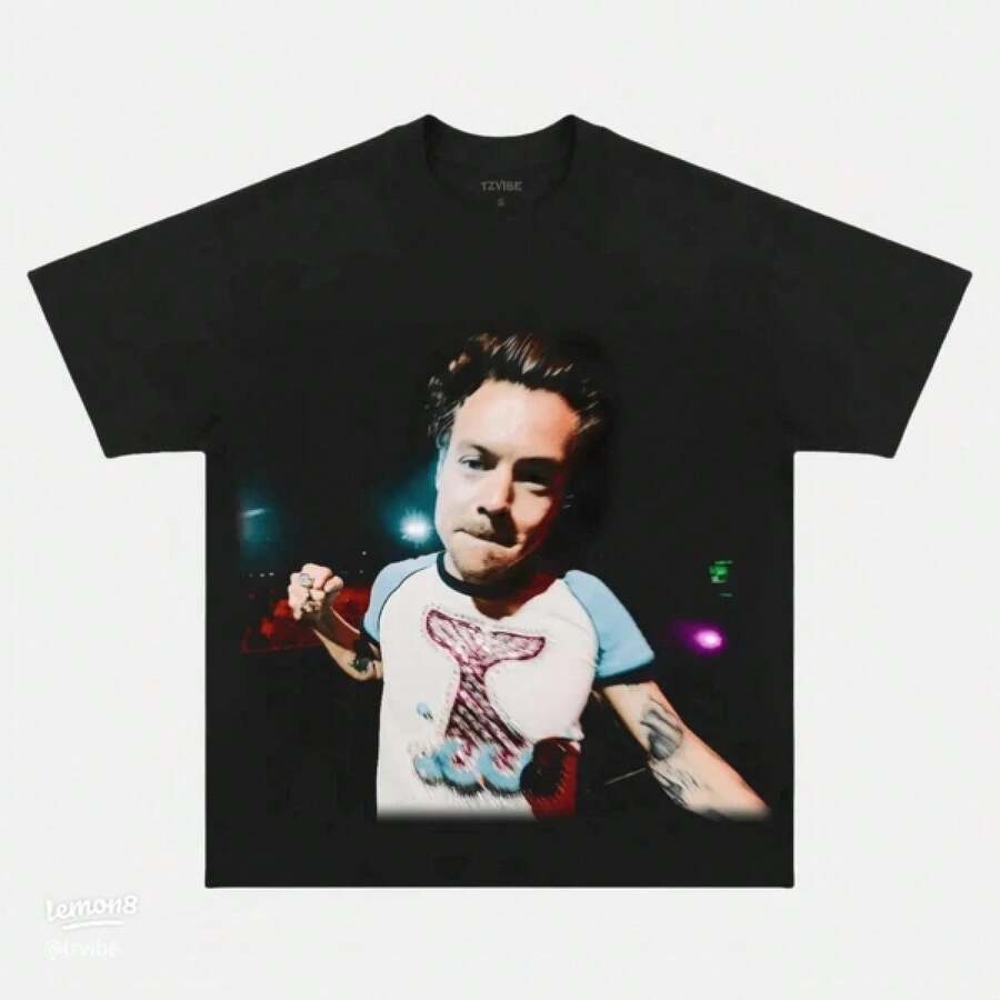 Camiseta Gráfica Negra H-Arry S-Tyles, Estilo Streetwear Unisex para Adultos y Niños, Camiseta Casual, Streetwear para Hombres, Ropa de Verano para Hombres, Verano Masculino, Ropa para Conci - Negro - Ver 1