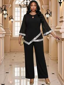 Fleurora Plus Size Elegant Party Sequin Decorated Top And Pants 2 Pieces Set Blouse And Pants Set 2 Piece Plus Size Pants Set 2 Piece Lounge Sets Woman - Black - View 5
