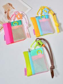 1 Set Dopamine Color-Block Star Adjustable Braided Phone Wrist Strap Coin Purse, Korean Style Patchwork Mesh Tulle Mini Cute Portable Key Coin Storage Zipper Pouch, Multi-Functional Portable Student Bus Card Earphone Lipstick Storage Colorful Small Bag - Multicolor - View 3