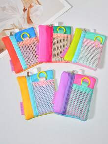 1 Set Dopamine Color-Block Star Adjustable Braided Phone Wrist Strap Coin Purse, Korean Style Patchwork Mesh Tulle Mini Cute Portable Key Coin Storage Zipper Pouch, Multi-Functional Portable Student Bus Card Earphone Lipstick Storage Colorful Small Bag - Multicolor - View 11
