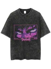 Unisex Retro Washed Anime Eyes Graphic Oversized T-Shirt,Crew Neck Short Sleeve Tee,Soft Breathable Washed Cotton Blend Anime Streetwear Statement Tee - 黑色 - 查看 11