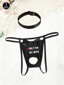 Men's Handsome Bowknot Black Comfortable Sexy Print Letter Rose Pattern Thong With Neck Collar - Black - View 1