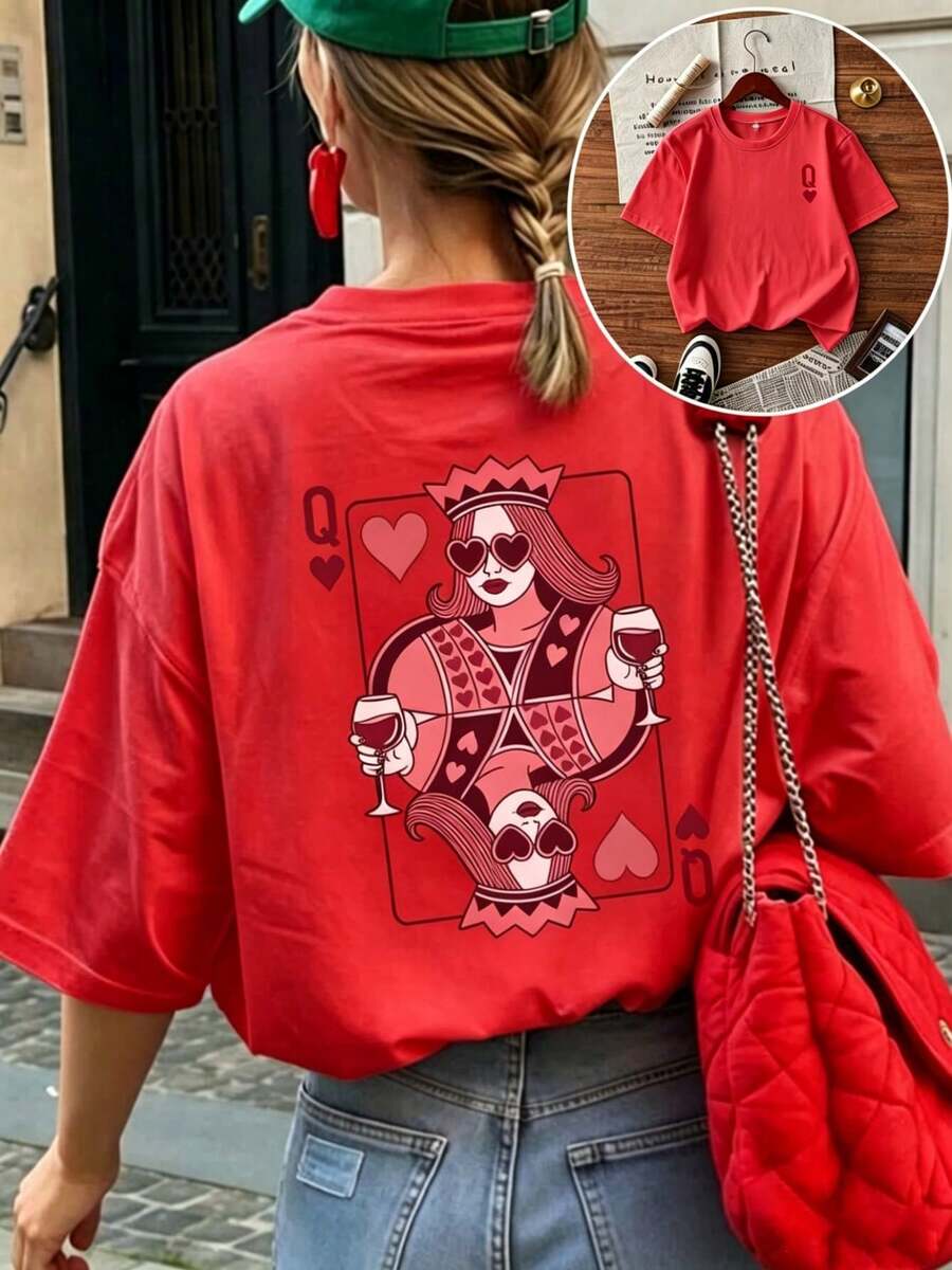 1 Piece Women's Short-Sleeved, Round-Neck T-Shirt, Loose Fit For Summer, With A "Queen Of Hearts" Themed Print In Wine Red, Suitable For The Office, Going Out, And Everyday Wear. - 紅色 - 查看 1