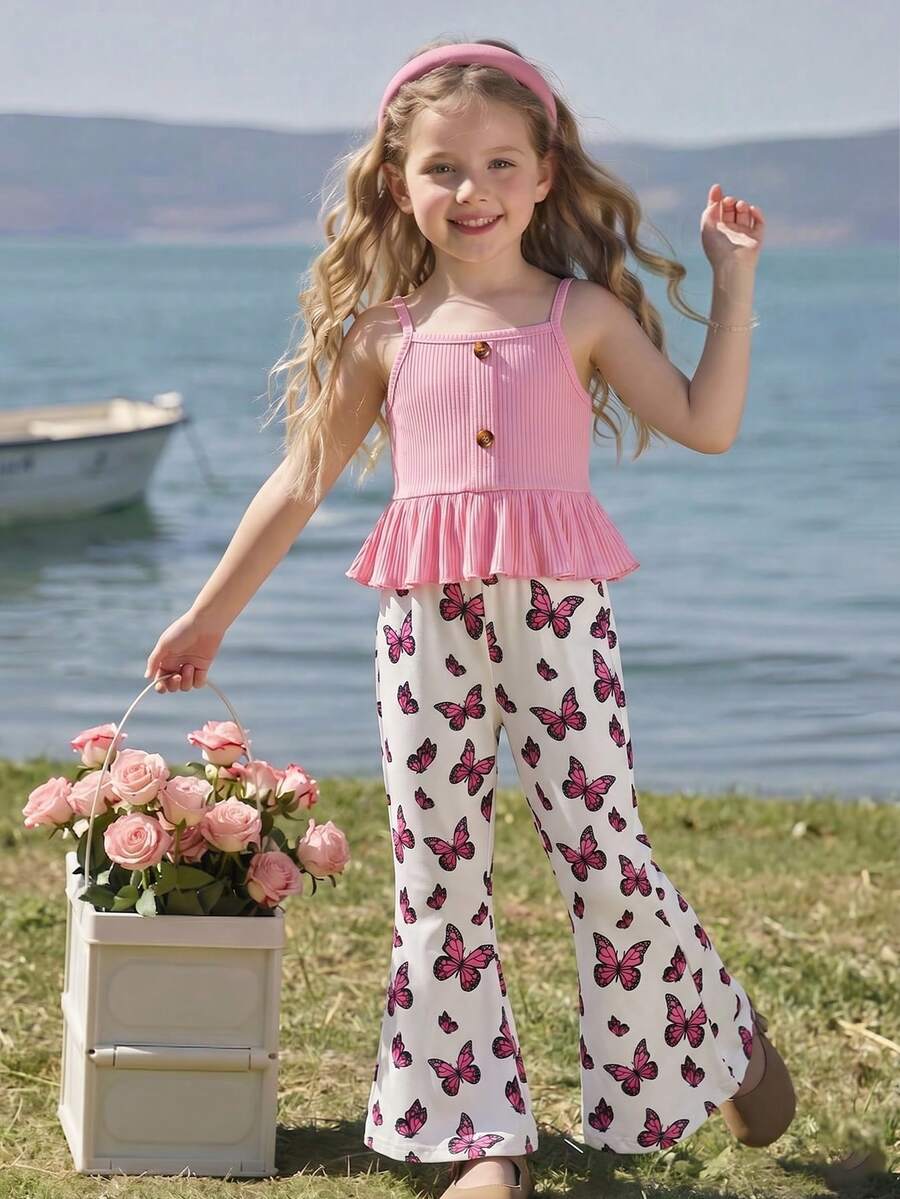 Young Girl Solid Color Ruffle Camisole Top And Butterfly Print Flare Pants Casual Outfit - Baby Pink - View 1