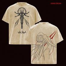 Camiseta de Algodón Grueso Lavada Estilo Vintage con Doble Estampado de Anime Neon Genesis, Unisex, Talla - Albaricoque - Ver 1
