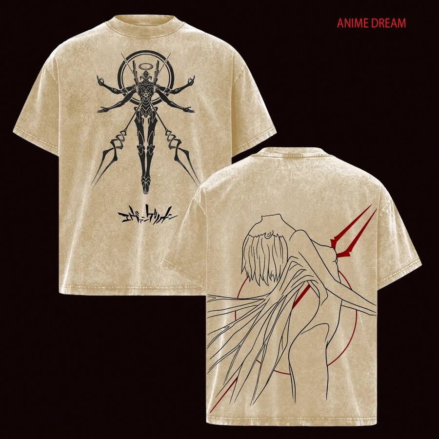 Camiseta de Algodón Grueso Lavada Estilo Vintage con Doble Estampado de Anime Neon Genesis, Unisex, Talla - Albaricoque - Ver 1