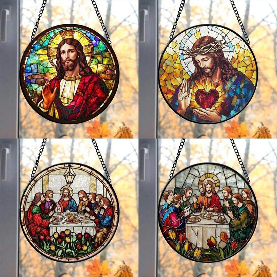 1Pc Jesus Christ Acrylic Stained Glass Window Hanging Ornament Glass Suncatcher Gift Christian Gift Religious Decor For Christian,Suitable For Those Who Hope For Peace, And A Spiritual Totem For Those Who Suffer - Multicolor - View 1