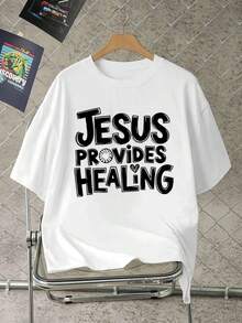 T-shirt casual da uomo con stampa grafica Faith, in morbido cotone, vestibilità comoda, stile street hip-hop, stampa artistica. - Bianco - Visualizzare 1