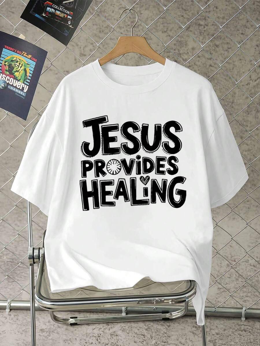 T-shirt casual da uomo con stampa grafica Faith, in morbido cotone, vestibilità comoda, stile street hip-hop, stampa artistica. - Bianco - Visualizzare 1