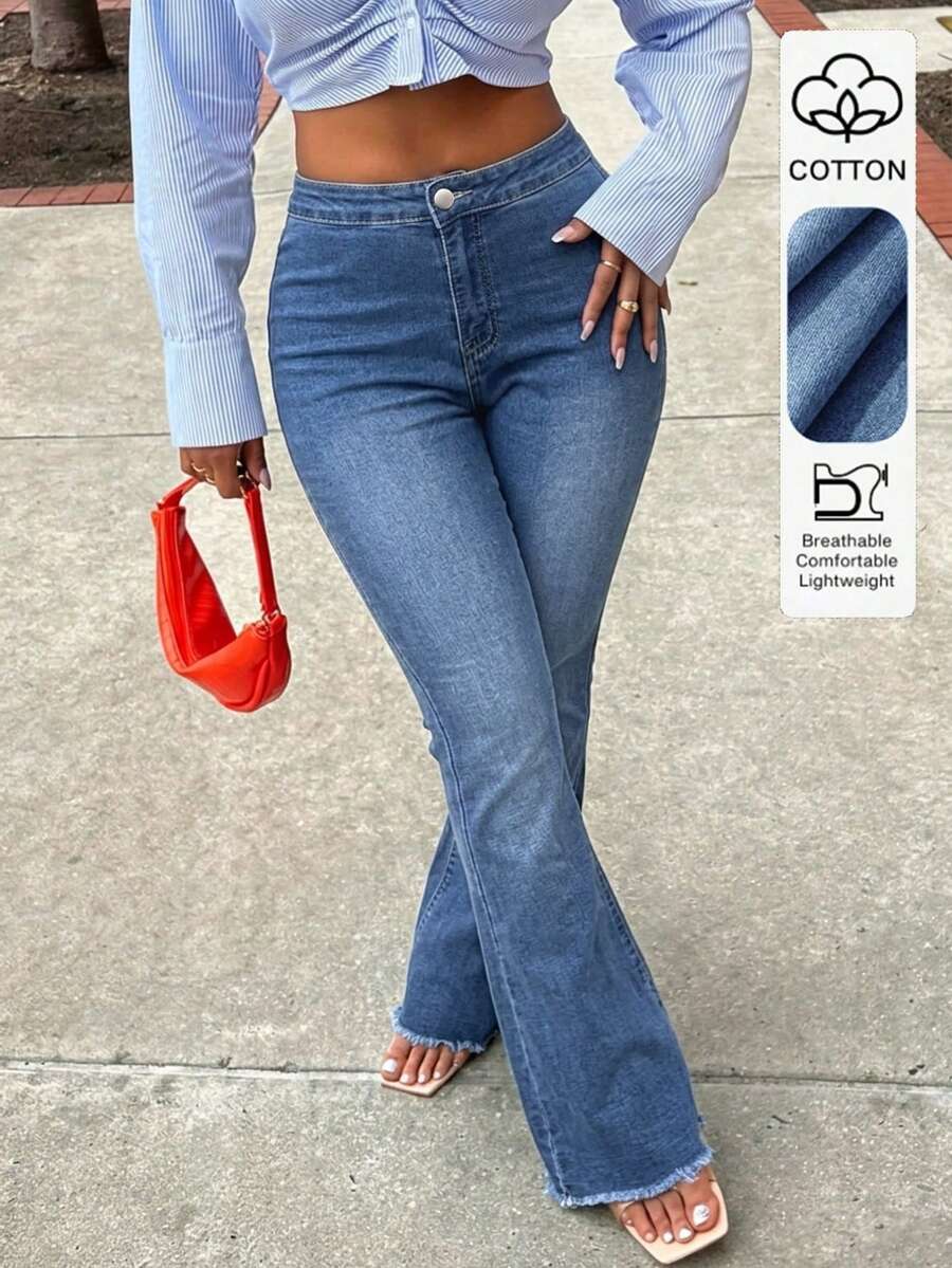 Versatile Washed Distressed Pocket Flare Jeans For Women, Suitable For Commuting, Casual Vacation, And Dating - Dark Wash - View 1
