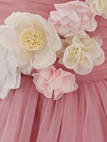 Baby Girls Sleeveless Pink 3D Floral Mesh Cute Flower Girl 1st Birthday Party Puffy Princess Dress, Headband Not Included - Dusty Pink - View 9